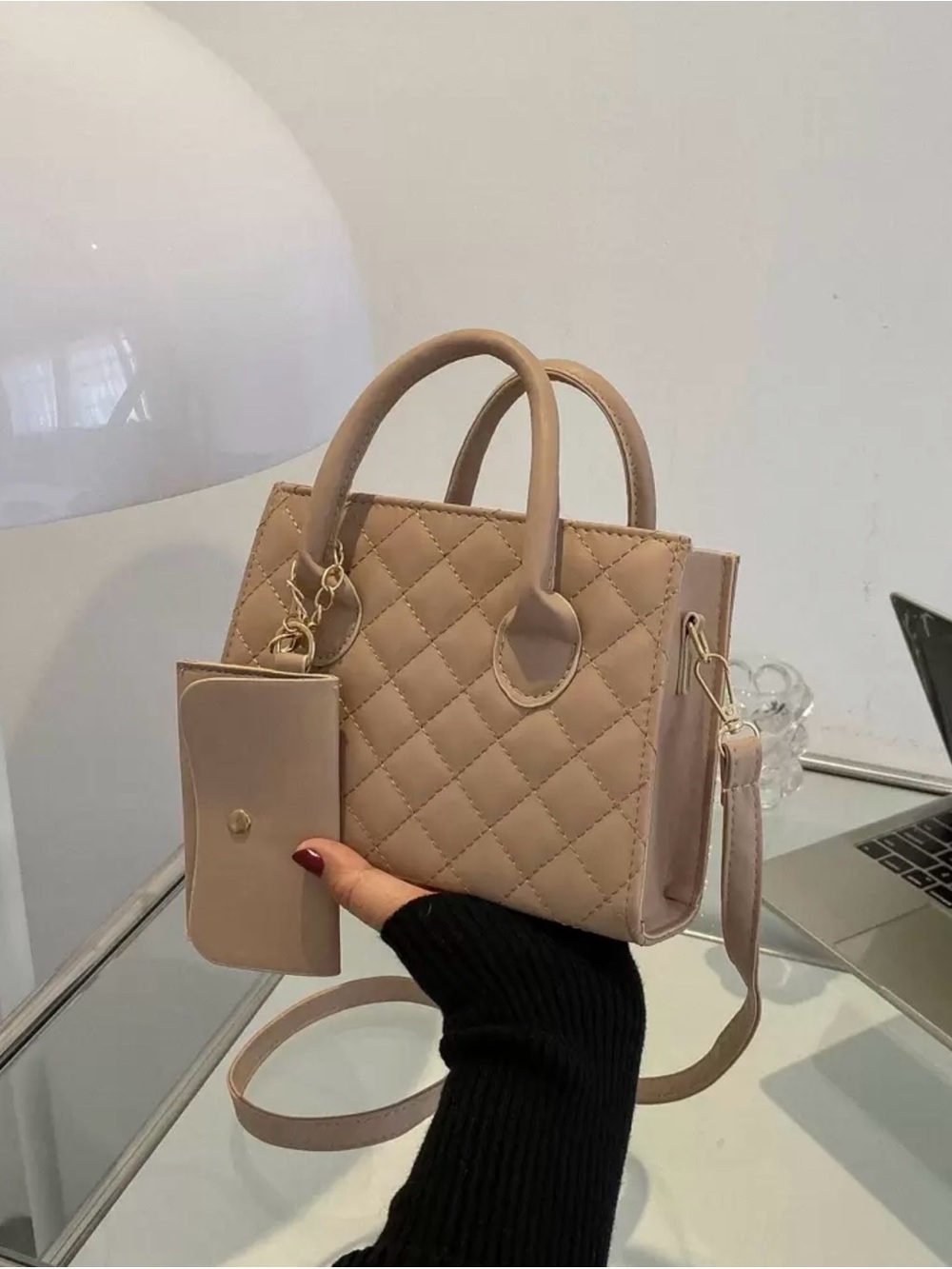 Quilted Mini Crossbody Bag in Beige with Removable Wallet